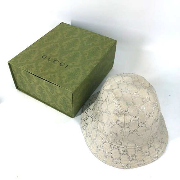 Auth GUCCI 631951 GG lame Bucket hat bob hat cotton WhiteBased - Picture 1 of 14